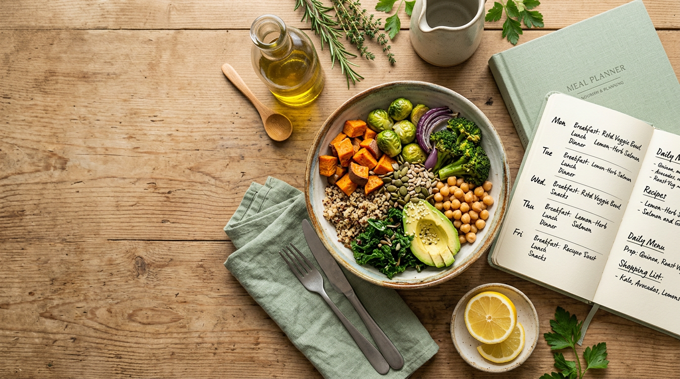 A colorful healthy meal and meal planning pages on a kitchen table